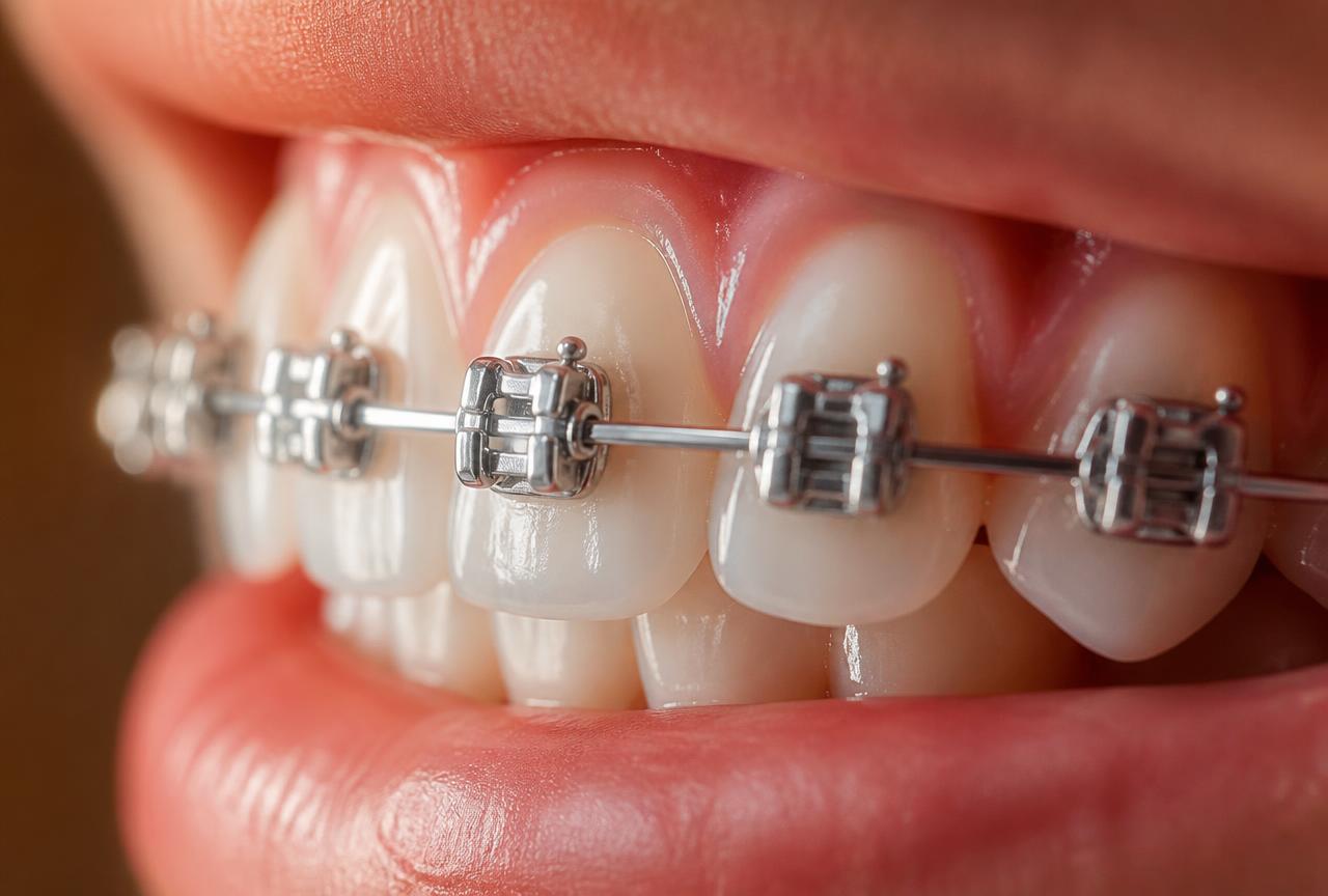 Brackets metálicos colocados sobre dientes superiores