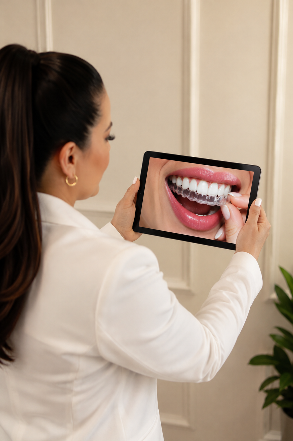 Dra. Lorena Bordón mostrando en tablet una sonrisa con alineador transparente colocado